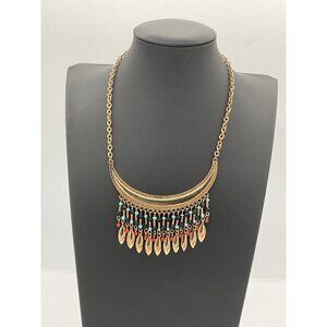 Boho Tribal Gold Beaded Fringe Bib Necklace Statement Egyptian Revival Jewelry